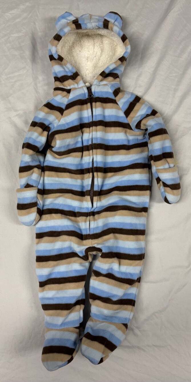 Old Navy Hooded Footed Fleece Snowsuit Size 6-12 Months Blue Striped Bear